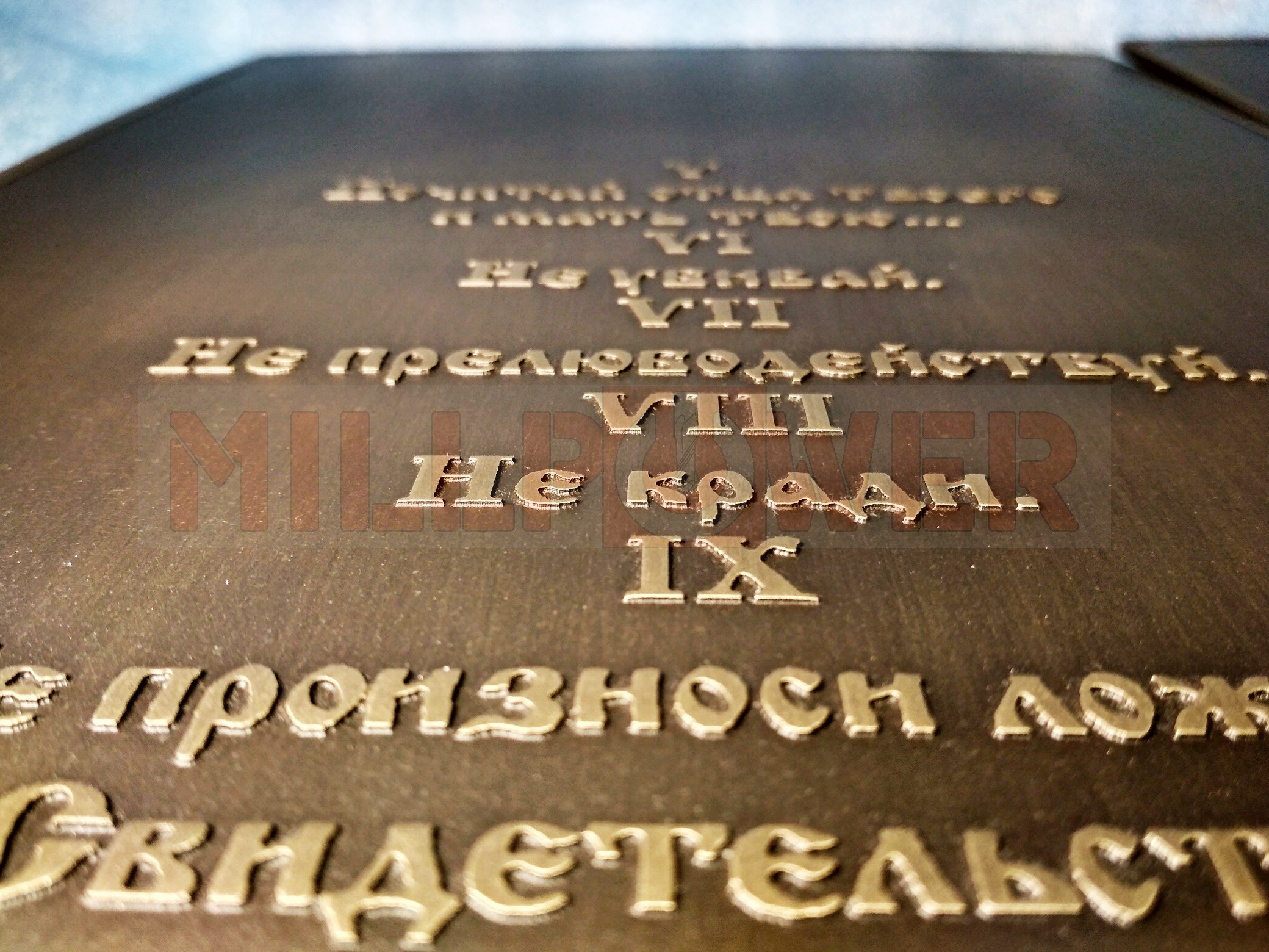 Фотография патинированной рельефной латунной таблички вблизи